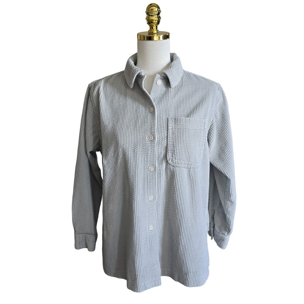 L.L.Bean Shirt Womens Small Petite Gray Textured Button Front Cotton Coastal